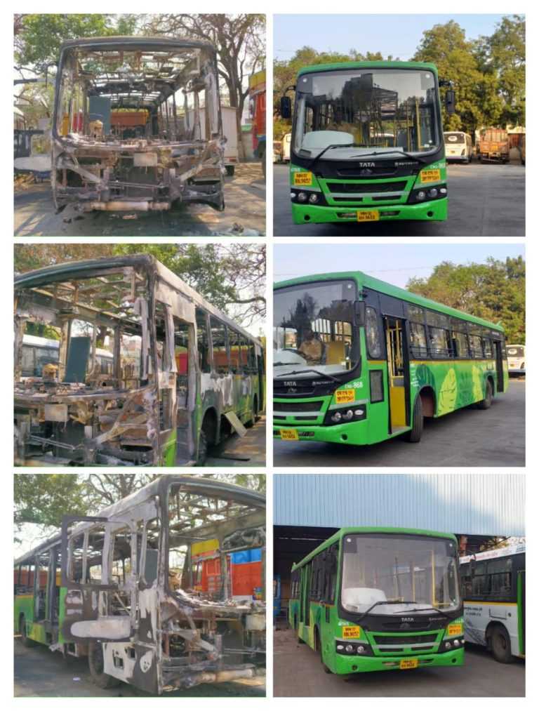 अपघातामध्ये संपूर्णपणे जळालेली पीएमपीएमएल   बसचे रूपडे पालटले..आता पुन्हा मार्गावर